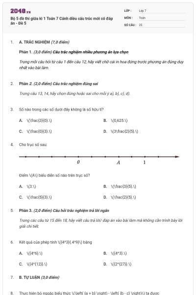 Bộ 5 đề thi giữa kì 1 Toán 7 Cánh diều cấu trúc mới có đáp án - Đề 5