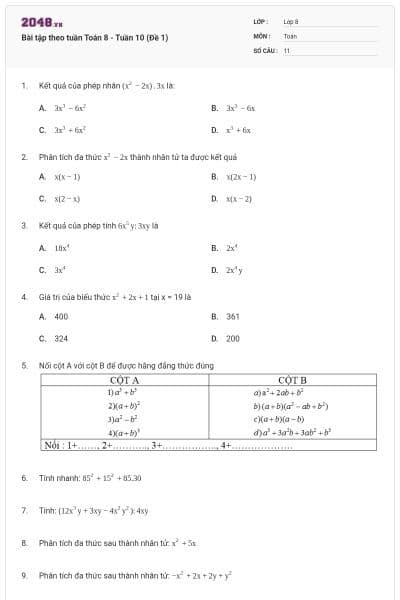 Bài tập theo tuần Toán 8 - Tuần 10 (Đề 1)