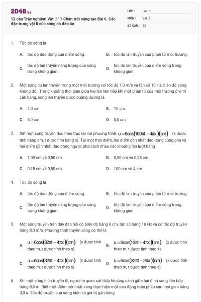 12 câu Trắc nghiệm Vật lí 11 Chân trời sáng tạo Bài 6. Các đặc trưng vật lí của sóng có đáp án