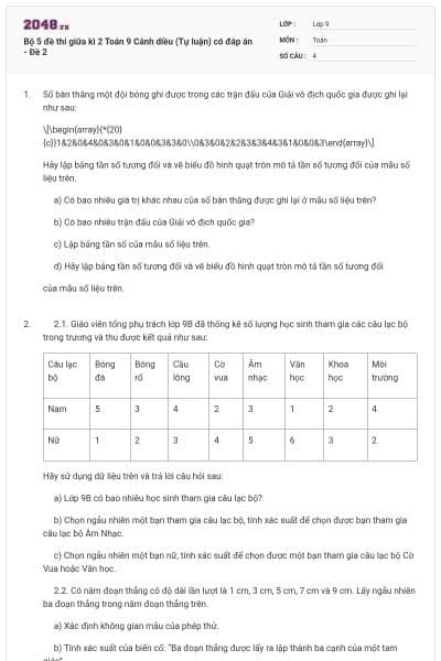 Bộ 5 đề thi giữa kì 2 Toán 9 Cánh diều (Tự luận) có đáp án - Đề 2