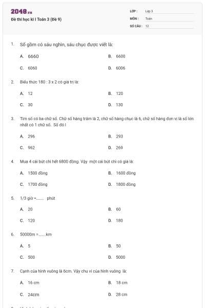 Đề thi học kì I Toán 3 (Đề 9)