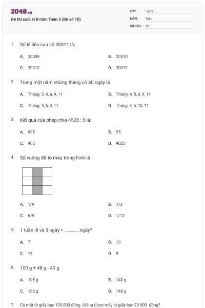 Đề thi cuối kì II môn Toán 3 (Đề số 10)