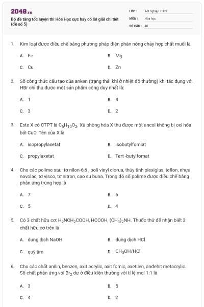 Bộ đề tăng tốc luyện thi Hóa Học cực hay có lời giải chi tiết (đề số 5)