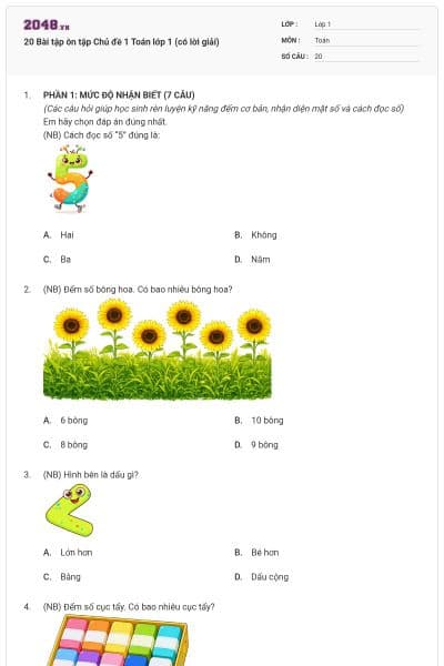 20 Bài tập ôn tập Chủ đề 1 Toán lớp 1 (có lời giải)