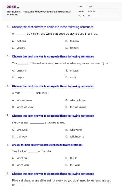Trắc nghiệm Tiếng Anh 9 Unit 9 Vocabulary and Grammar có đáp án