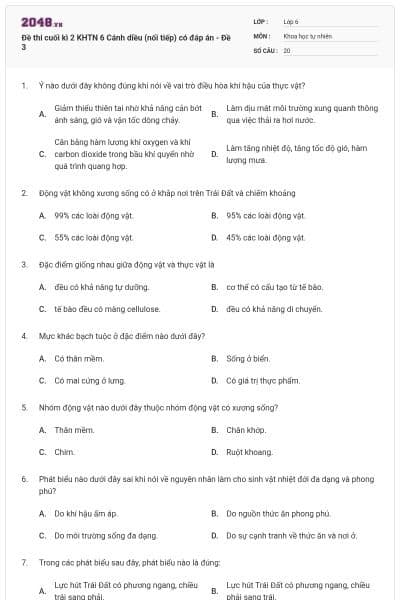 Đề thi cuối kì 2 KHTN 6 Cánh diều (nối tiếp) có đáp án - Đề 3