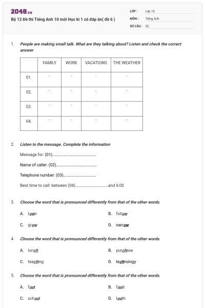 Bộ  12 Đề thi Tiếng Anh 10 mới Học kì 1 có đáp án( đề 6 )