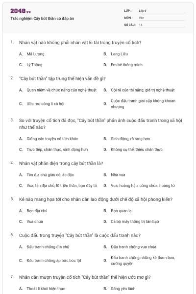 Trắc nghiệm Cây bút thần có đáp án