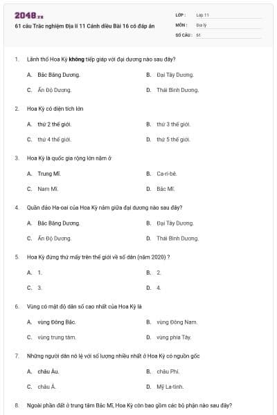 61 câu Trắc nghiệm Địa lí 11 Cánh diều Bài 16 có đáp án