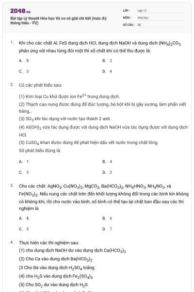 Bài tập Lý thuyết Hóa học Vô cơ có giải chi tiết (mức độ thông hiểu - P2)