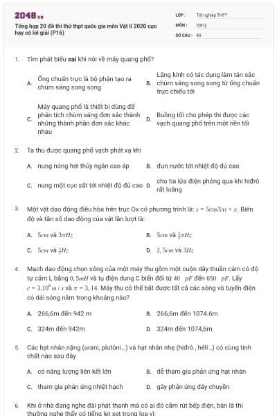 Tổng hợp 20 đề thi thử thpt quốc gia môn Vật lí 2020 cực hay có lời giải (P16)