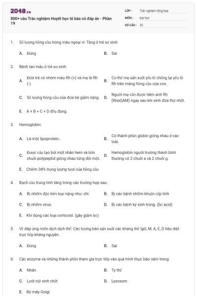 800+ câu Trắc nghiệm Huyết học tế bào có đáp án - Phần 19