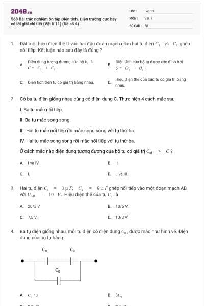 568 Bài trắc nghiệm ôn tập Điện tích. Điện trường cực hay có lời giải chi tiết (Vật lí 11) (Đề số 4)