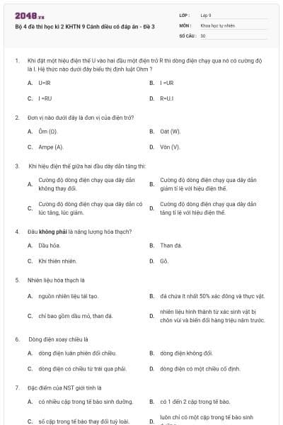 Bộ 4 đề thi học kì 2 KHTN 9 Cánh diều có đáp án - Đề 3