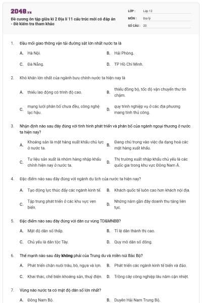 Đề cương ôn tập giữa kì 2 Địa lí 11 cấu trúc mới có đáp án - Đề kiểm tra tham khảo