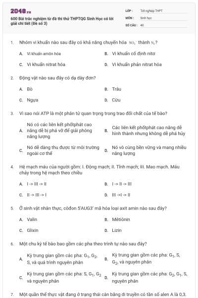 600 Bài trắc nghiệm từ đề thi thử THPTQG Sinh Học có lời giải chi tiết (Đề số 3)