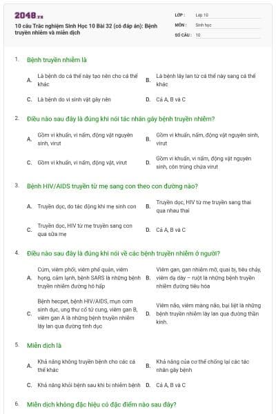 10 câu  Trắc nghiệm Sinh Học 10 Bài 32 (có đáp án): Bệnh truyền nhiễm và miễn dịch