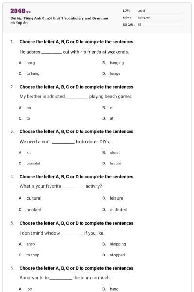 Bài tập Tiếng Anh 8 mới Unit 1 Vocabulary and Grammar có đáp án