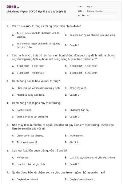 Đề kiểm tra 45 phút GDCD 7 Học kì 2 có đáp án (Đề 4)
