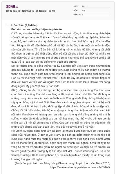 Đề thi cuối kì 1 Ngữ văn 12 (có đáp án) - Đề 10