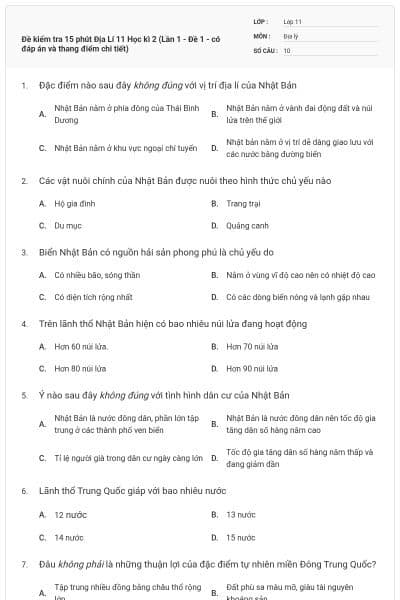 Đề kiểm tra 15 phút Địa Lí 11 Học kì 2 (Lần 1 - Đề 1 - có đáp án và thang điểm chi tiết)