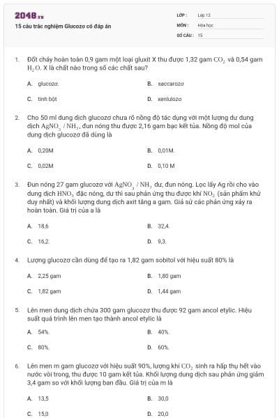 15 câu trắc nghiệm Glucozơ có đáp án
