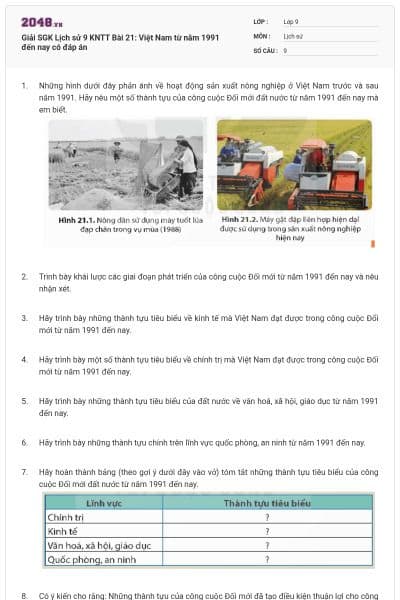 Giải SGK Lịch sử 9 KNTT Bài 21: Việt Nam từ năm 1991 đến nay có đáp án