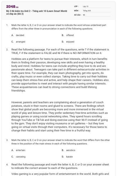 Bộ 3 Đề kiểm tra Unit 2 - Tiếng anh 10 iLearn Smart World có đáp án (Đề 3)