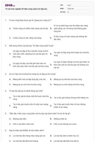 14 câu trắc nghiệm Kì diệu rừng xanh (có đáp án)