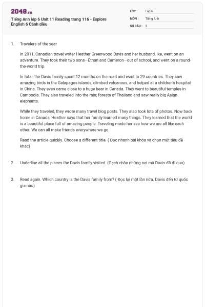 Tiếng Anh lớp 6 Unit 11 Reading trang 116 - Explore English 6 Cánh diều