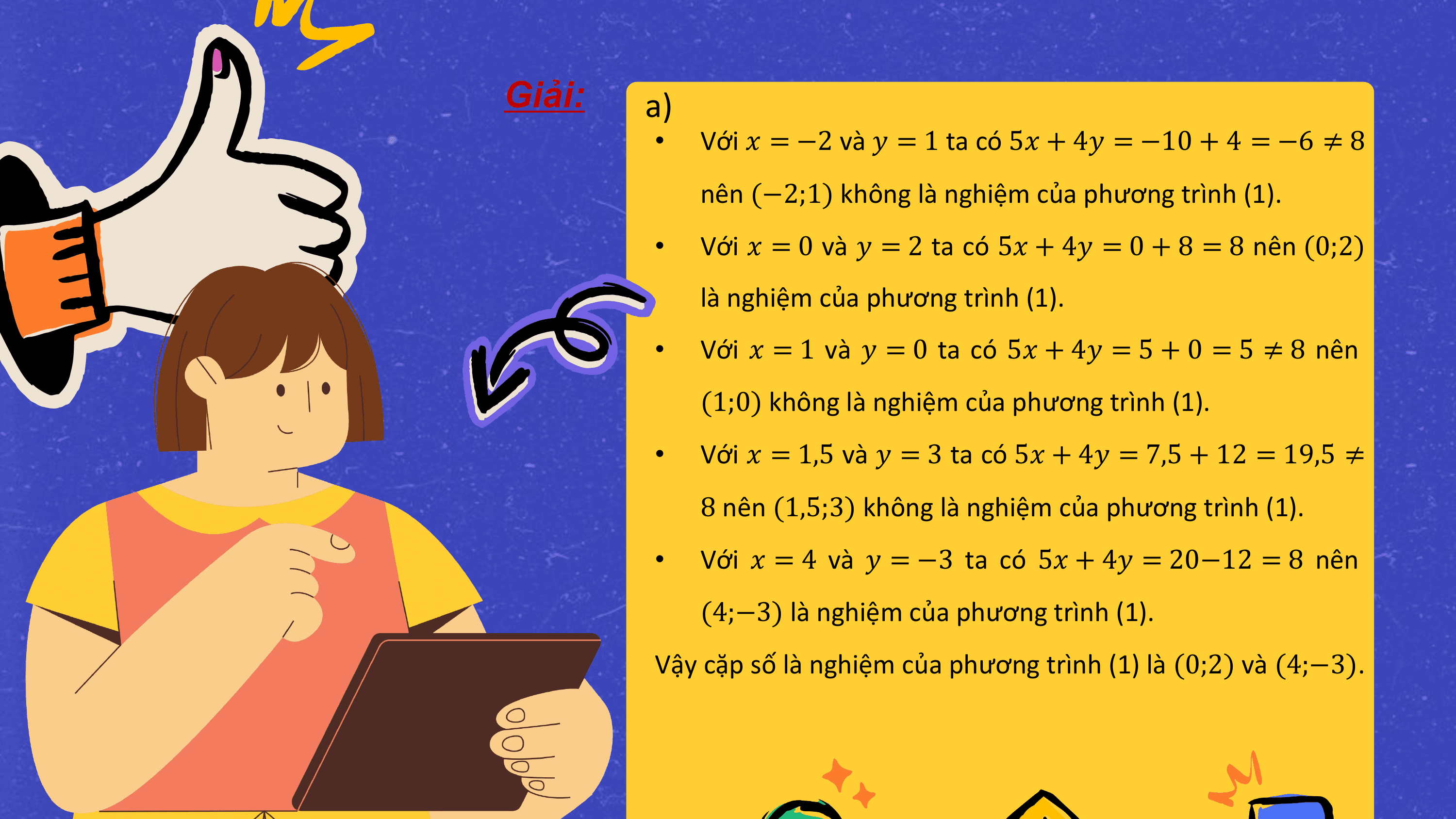 Giải: a)
 • Với ? = −2 và ? = 1 ta có 5? + 4? = −10 + 4 = −6 ≠ 8
 nên (−2;1) không là nghiệm của phương trình (1).
 • Với ? = 0 và ? = 2 ta có 5? + 4? = 0 + 8 = 8 nên (0;2)
 là nghiệm của phương trình (1).
 • Với ? = 1 và ? = 0 ta có 5? + 4? = 5 + 0 = 5 ≠ 8 nên
 (1;0) không là nghiệm của phương trình (1).
 • Với ? = 1,5 và ? = 3 ta có 5? + 4? = 7,5 + 12 = 19,5 ≠
 8 nên (1,5;3) không là nghiệm của phương trình (1).
 • Với ? = 4 và ? = −3 ta có 5? + 4? = 20−12 = 8 nên
 (4;−3) là nghiệm của phương trình (1).
 Vậy cặp số là nghiệm của phương trình (1) là (0;2) và (4;−3).