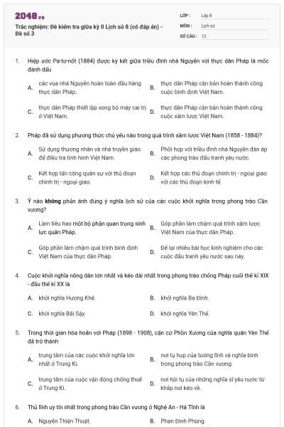 Trắc nghiệm: Đề kiểm tra giữa kỳ II Lịch sử 8 (có đáp án) - Đề số 3