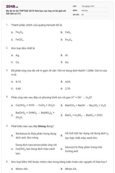 Bộ đề ôn thi THPTQG 2019 Hóa học cực hay có lời giải chi tiết (Đề số 21)