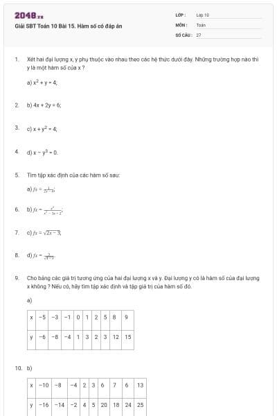 Giải SBT Toán 10 Bài 15. Hàm số có đáp án