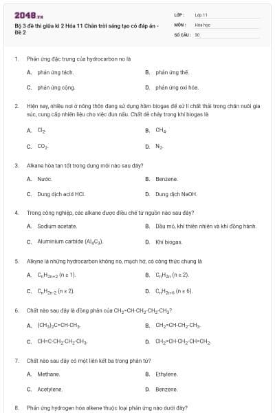 Bộ 3 đề thi giữa kì 2 Hóa 11 Chân trời sáng tạo có đáp án - Đề 2