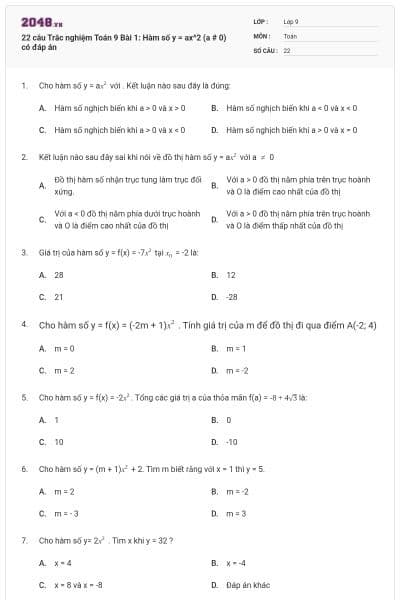 22 câu Trắc nghiệm Toán 9 Bài 1: Hàm số y = ax^2 (a # 0) có đáp án