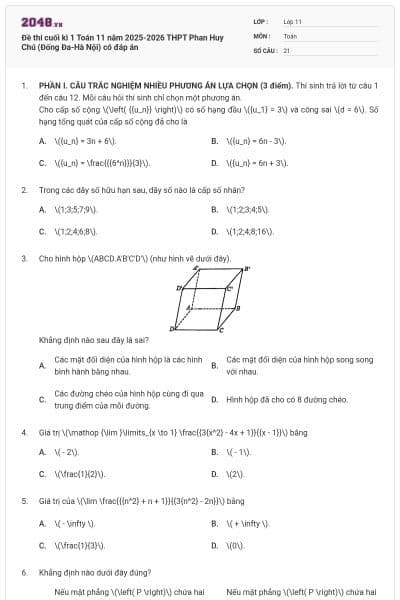 Đề thi cuối kì 1 Toán 11 năm 2025-2026 THPT Phan Huy Chú (Đống Đa-Hà Nội) có đáp án
