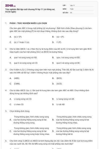 Trắc nghiệm Bài tập cuối chương IV lớp 11 (có đúng sai, trả lời ngắn)