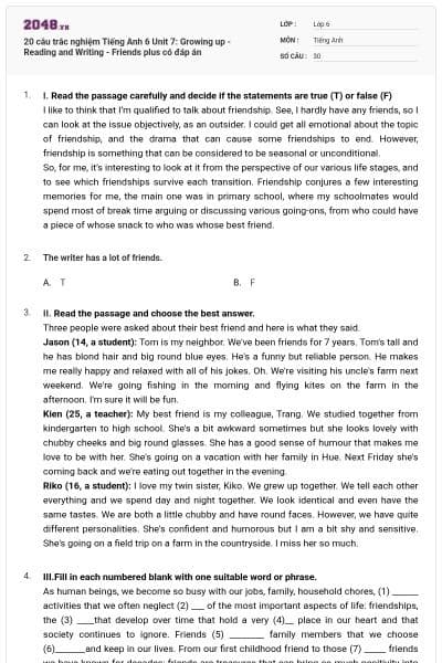 20 câu trắc nghiệm Tiếng Anh 6 Unit 7: Growing up - Reading and Writing - Friends plus có đáp án