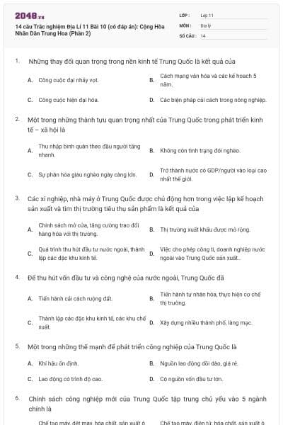 14 câu Trắc nghiệm Địa Lí 11 Bài 10 (có đáp án): Cộng Hòa Nhân Dân Trung Hoa (Phần 2)