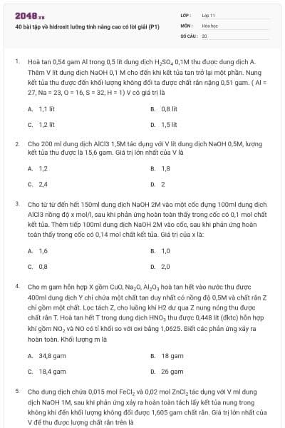 40 bài tập về hidroxit lưỡng tính nâng cao có lời giải (P1)