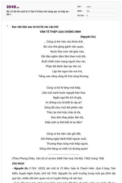 Bộ 10 đề thi cuối kì 2 Văn 9 Chân trời sáng tạo có đáp án - Đề 1