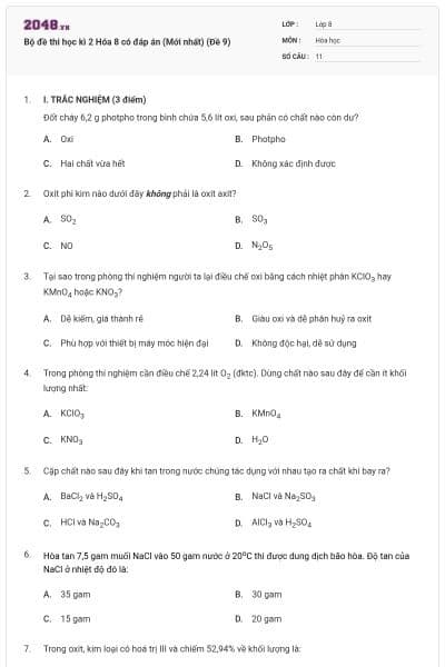 Bộ đề thi học kì 2 Hóa 8 có đáp án (Mới nhất) (Đề 9)