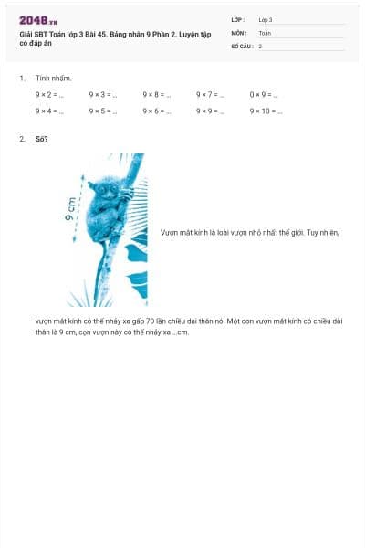 Giải SBT Toán lớp 3 Bài 45. Bảng nhân 9 Phần 2. Luyện tập có đáp án