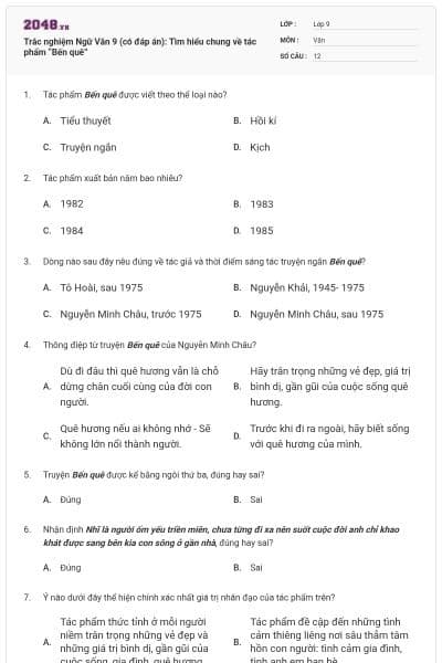 Trắc nghiệm Ngữ Văn 9 (có đáp án): Tìm hiểu chung về tác phẩm “Bến quê”