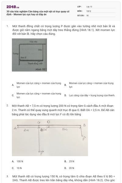 30 câu trắc nghiệm Cân bằng của một vật có trục quay cố định - Momen lực cực hay có đáp án