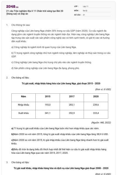 21 câu Trắc nghiệm Địa lí 11 Chân trời sáng tạo Bài 20 (Đúng sai) có đáp án