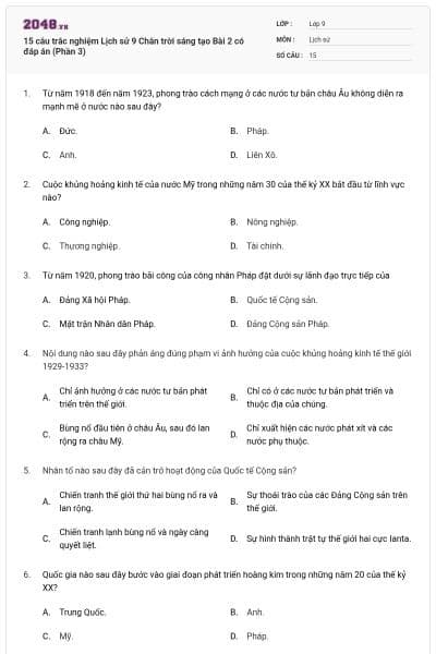 15 câu trắc nghiệm Lịch sử 9 Chân trời sáng tạo Bài 2 có đáp án (Phần 3)