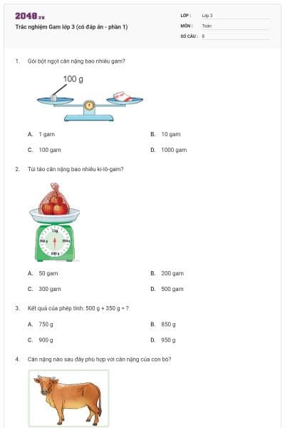 Trắc nghiệm Gam lớp 3 (có đáp án - phần 1)