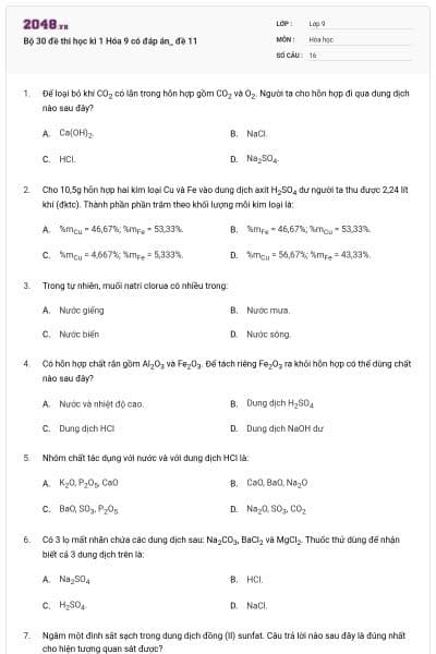 Bộ 30 đề thi học kì 1 Hóa 9 có đáp án_ đề 11